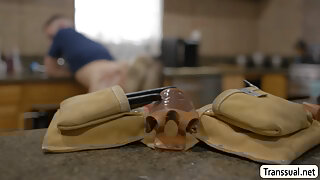 Busty Trans Woman licks and fucks guy while fixing pipe lines