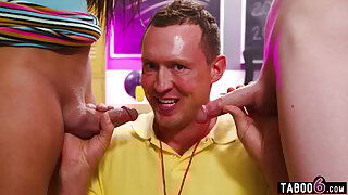 College shemales Khloe Kay and Izzy Wilde fuck with the coach in threesome