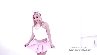 Super cute bunny girl licks ass and cums at audition